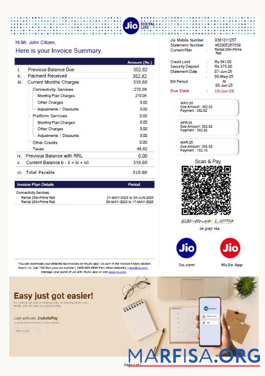 Printable India Jio Digital Life utility bill template in Word and PDF formats, version 2